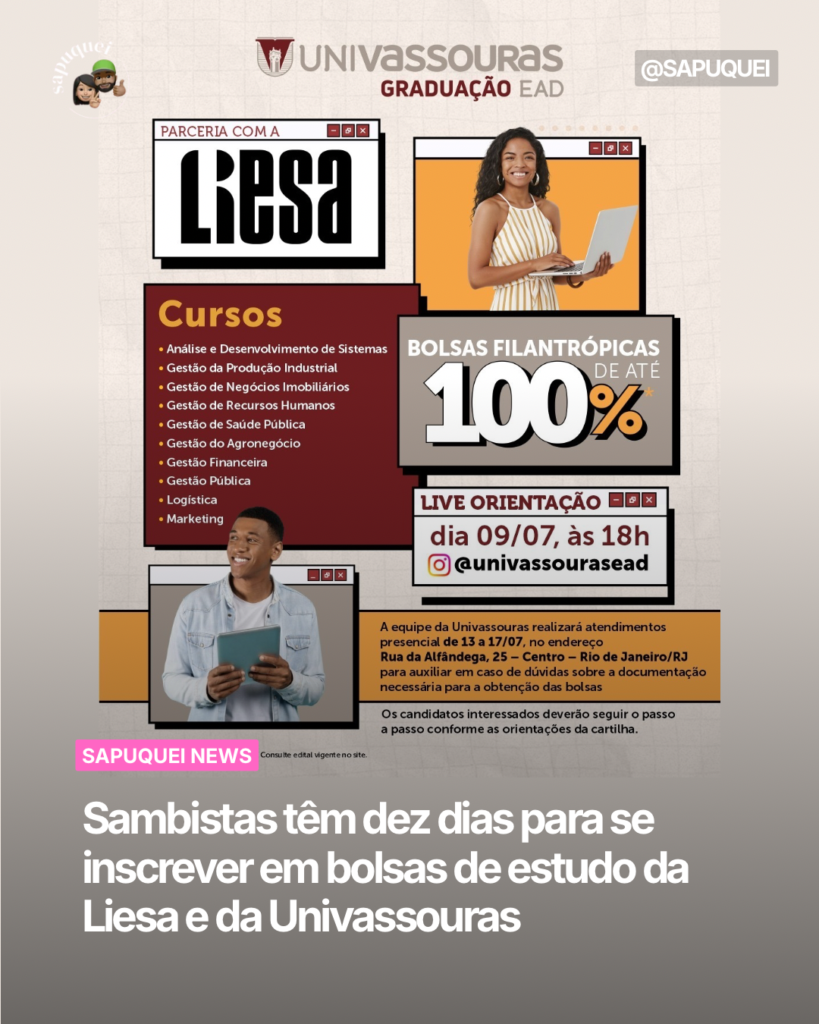 Sambistas têm dez dias para se inscrever em bolsas de estudo da Liesa e da Univassouras